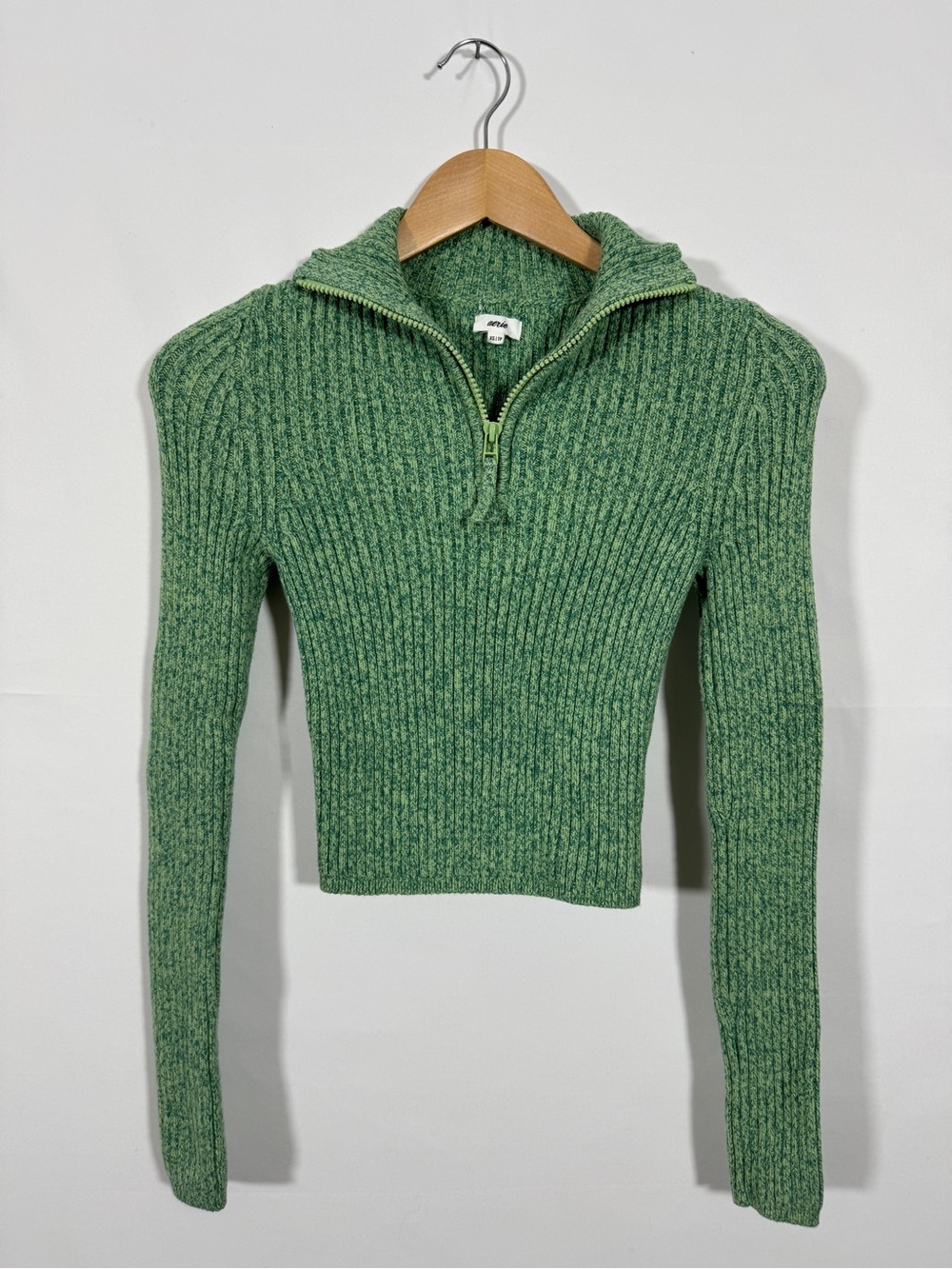 WSW12 {aerie} Green High Neck Quarter Zip Long Sleeves Ribbed Sweater